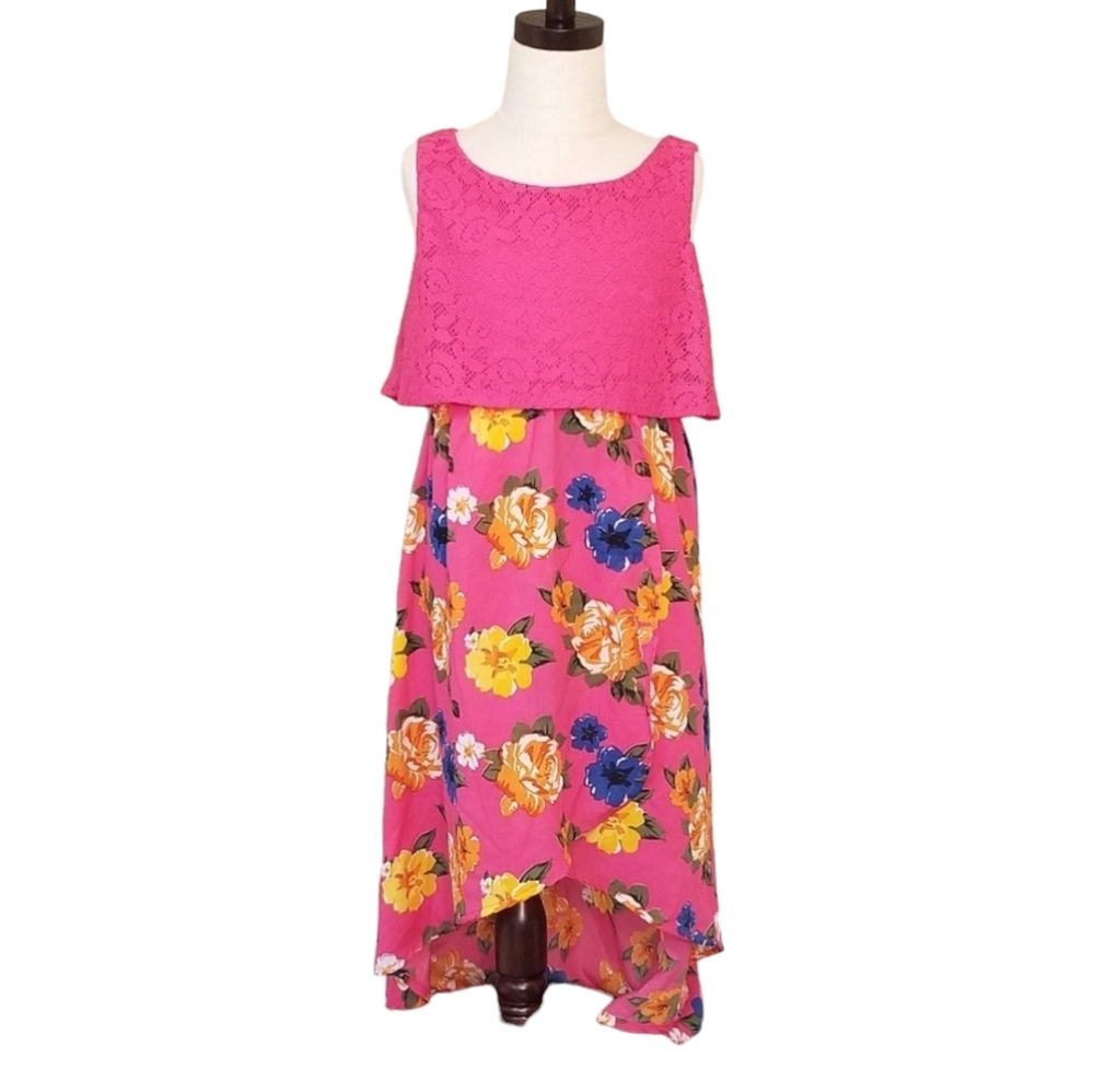 Real Love |  Child Girl M 7/8 | Pink Floral Lace Low Split Sheer Skirt Dress